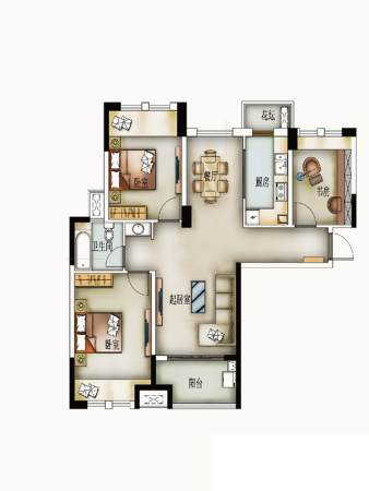 橡树城一期31、32、33、34#标准层K户型-3室2厅1卫1厨建筑面积105.00平米