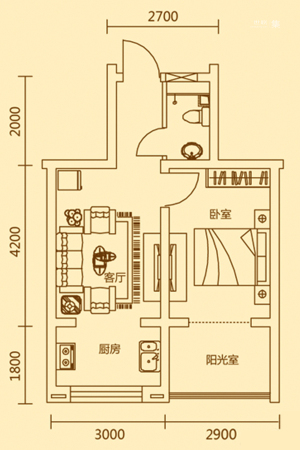 艾格尔e公馆二期D户型-1室1厅1卫1厨建筑面积43.00平米