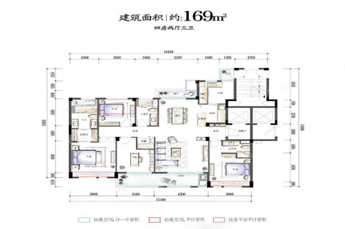 华夏四季洋房C户型169方-4室2厅3卫1厨建筑面积169.00平米