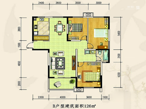金盛田·锦上一期1、2、3#标准层B户型-3室2厅1卫1厨建筑面积126.00平米