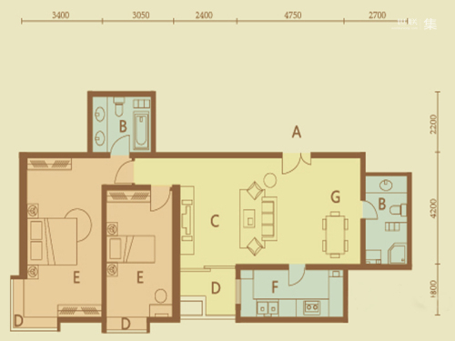 世豪公寓D户型-2室2厅2卫1厨建筑面积118.94平米