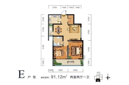 晶鑫华庭E户型-2室2厅1卫1厨建筑面积91.12平米