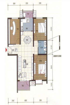 紫贵御园F户型-3室2厅1卫1厨建筑面积106.00平米