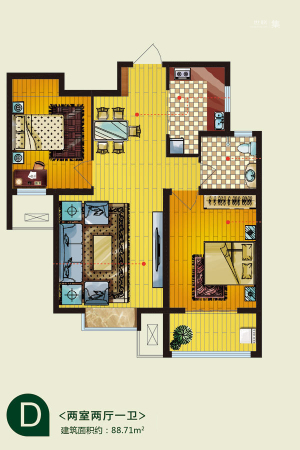 铂宫时代小区9#D户型-2室2厅1卫1厨建筑面积88.71平米