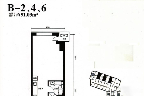 美联大厦B-2、4、6户型111-1室1厅1卫1厨建筑面积51.03平米