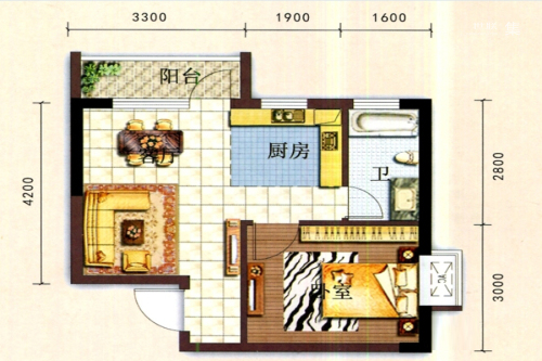中兴金海湾H1户型-1室2厅1卫1厨建筑面积47.96平米