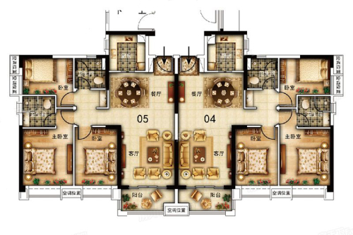 雅居乐剑桥郡城家1-3幢04、05户型-3室2厅2卫1厨建筑面积106.00平米