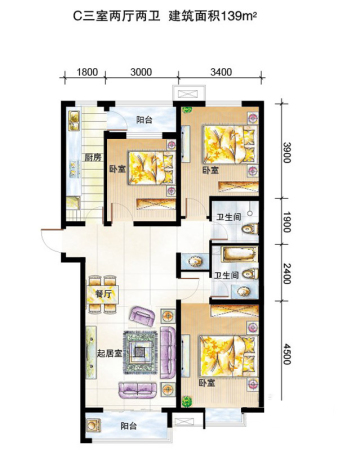 弘石湾3#标准层C户型-3室2厅2卫1厨建筑面积139.00平米