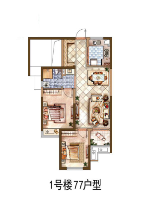 中航·华府77平户型（平面）-3室1厅1卫1厨建筑面积77.00平米