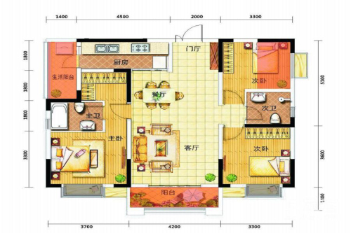家益凤凰富居1#、3#、4#、8#标准层C3户型-3室2厅2卫1厨建筑面积117.00平米