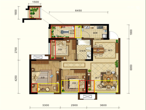 润扬观澜鹭岛一期1、5号楼标准层B2户型-3室2厅1卫1厨建筑面积70.82平米