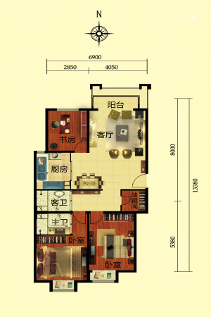 丽都壹号B1户型-3室1厅2卫1厨建筑面积122.76平米