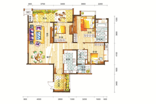 新鸿基悦城15-17栋160平方户型-3室2厅2卫1厨建筑面积160.00平米