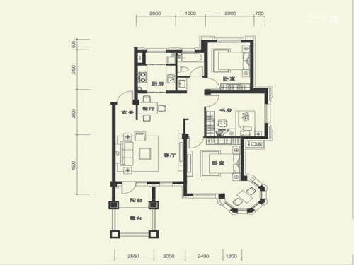 康华·朗香邸B2户型-3室2厅1卫1厨建筑面积104.00平米
