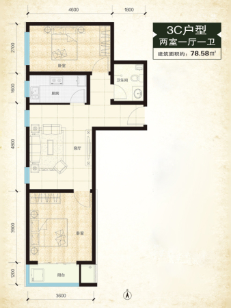 鑫界9号院3#标准层C户型-2室1厅1卫1厨建筑面积78.58平米