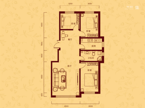 龙泰檀香苑三期F户型-3室2厅1卫1厨建筑面积102.00平米