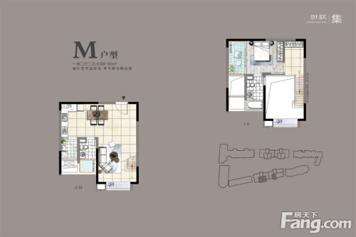 苏河融景M户型-1室2厅2卫1厨建筑面积90.00平米