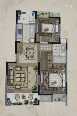 毕加索花园小镇公寓2房户型-2室2厅1卫1厨建筑面积88.00平米