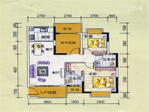 东峰世纪公寓9#10#A3户型-3室2厅2卫1厨建筑面积89.17平米