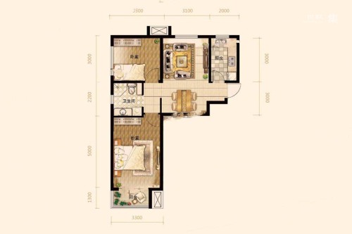 首开国风润城D3-1户型-2室2厅1卫1厨建筑面积80.00平米