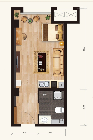 新合作城市广场·领誉D1户型-1室1厅1卫1厨建筑面积44.35平米