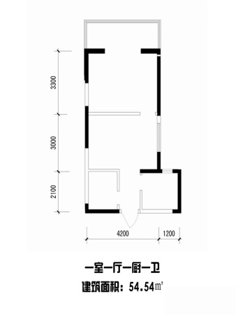紫郡观澜5号楼D户型-1室1厅1卫1厨建筑面积54.54平米