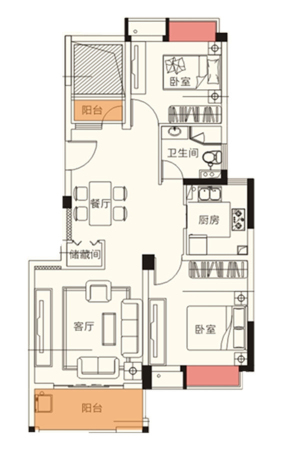 水榭兰亭B户型-2室2厅1卫1厨建筑面积89.00平米