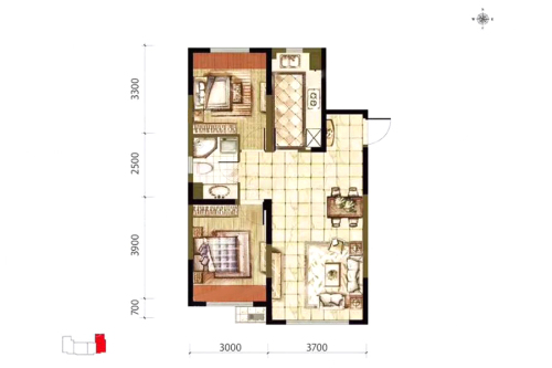 新湖青蓝国际3期B1户型-2室2厅1卫1厨建筑面积83.79平米