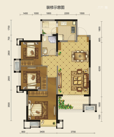 欧尚花园1-4栋标准层A1户型-3室2厅1卫1厨建筑面积81.24平米