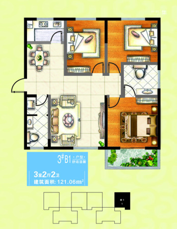 美誉阁楼3号楼B1户型-3室2厅2卫1厨建筑面积121.06平米