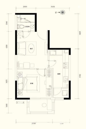 紫金印象7B户型-1室1厅1卫1厨建筑面积58.00平米
