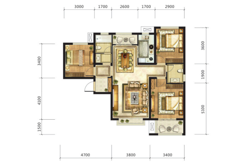 九宫馆2#标准层D户型-3室2厅2卫1厨建筑面积111.97平米