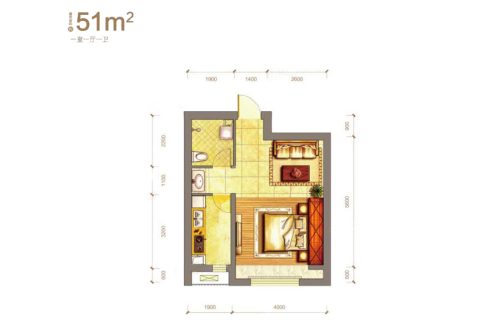 阳光100凤凰湾B2-户型-1室1厅1卫1厨建筑面积51.00平米