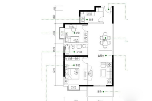 浦泰和天下一期20#标准层F1户型-2室2厅1卫1厨建筑面积92.00平米