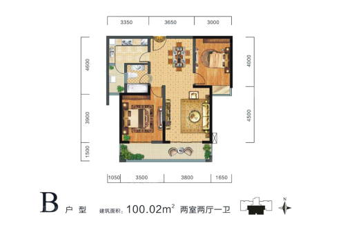 晶鑫华庭B户型-2室2厅2卫1厨建筑面积100.02平米