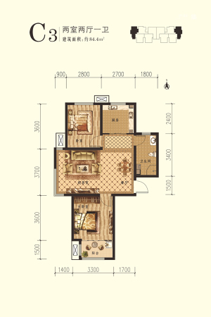 想象国际北7#标准层C3户型-2室2厅1卫1厨建筑面积84.40平米
