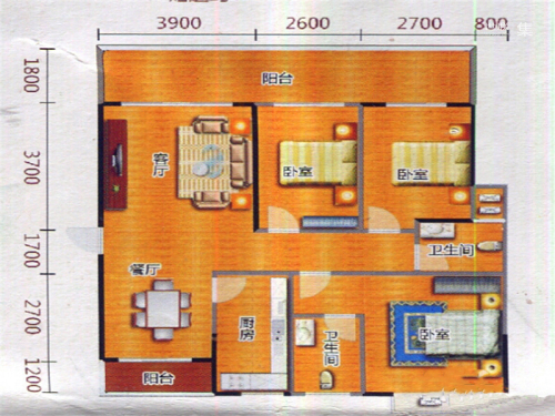 桐洋新城二期37#38#H1户型-3室2厅2卫1厨建筑面积133.06平米