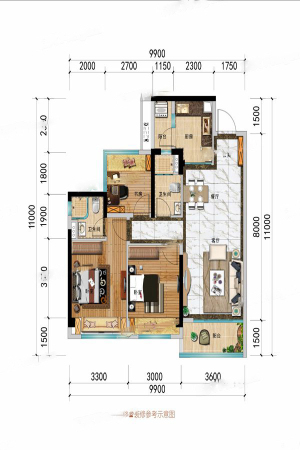 碧桂园海德公园醇璟系列标准层户型-3室2厅2卫1厨建筑面积95.00平米