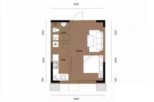 阳光100国际新城B2-B户型-1室1厅1卫1厨建筑面积42.00平米