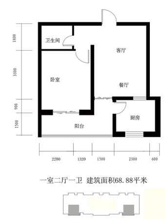 翰林雅筑11号楼顶层-C户型-1室2厅1卫1厨建筑面积68.88平米