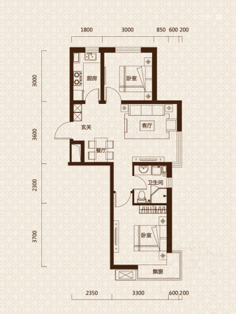 金沙城G2户型-2室2厅1卫1厨建筑面积68.00平米