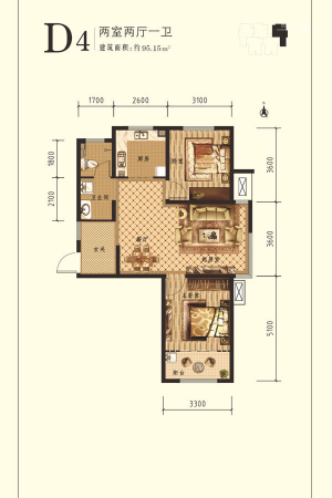 想象国际南11#标准层D4户型-2室2厅1卫1厨建筑面积95.15平米