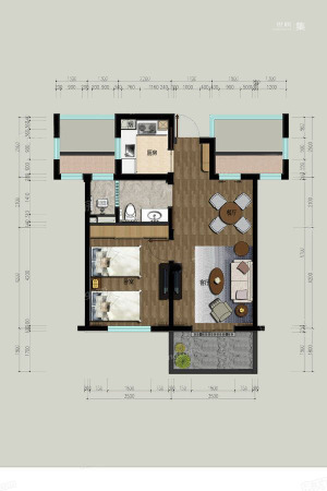 富椿佘山公寓-A2户型-1室2厅1卫1厨建筑面积70.00平米