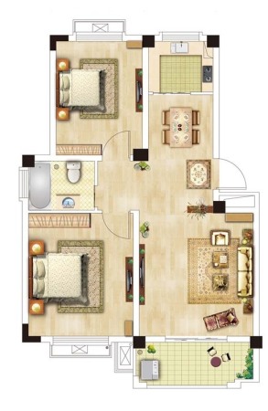 恒建金陵美域二期3、7#标准层A户型-2室2厅1卫1厨建筑面积74.00平米