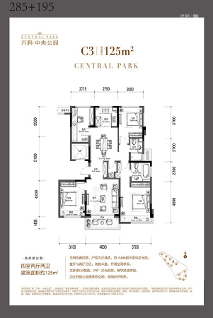 万科中央公园C3户型125方-C3户型125方-4室2厅2卫1厨建筑面积125.00平米