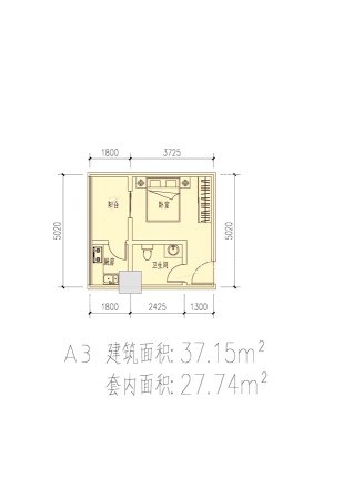 左岸骏景公寓A3-1室1厅1卫1厨建筑面积37.15平米