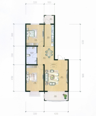 松浦观江国际L户型-2室2厅1卫1厨建筑面积87.28平米