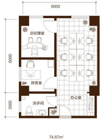 锦地SOHOB户型办公户型-2室1厅1卫0厨建筑面积74.67平米