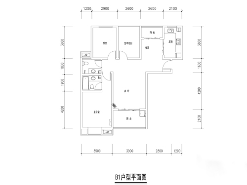 金湖国际B1户型-2室2厅2卫1厨建筑面积113.38平米