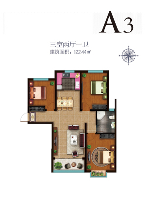 京海铭筑5#标准层A3户型-3室2厅1卫1厨建筑面积122.44平米